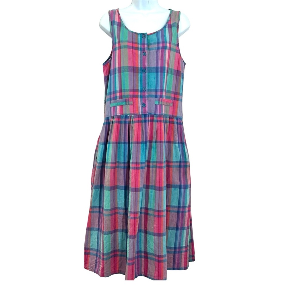 Vintage 90s Nouveau Faces Cotton Plaid Overall Jumper Apron Dress Size M
